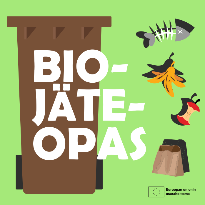 Kuva, jossa lukee biojäteopas. Kuvassa on myös biojäteastia, kalanraato ja omena.